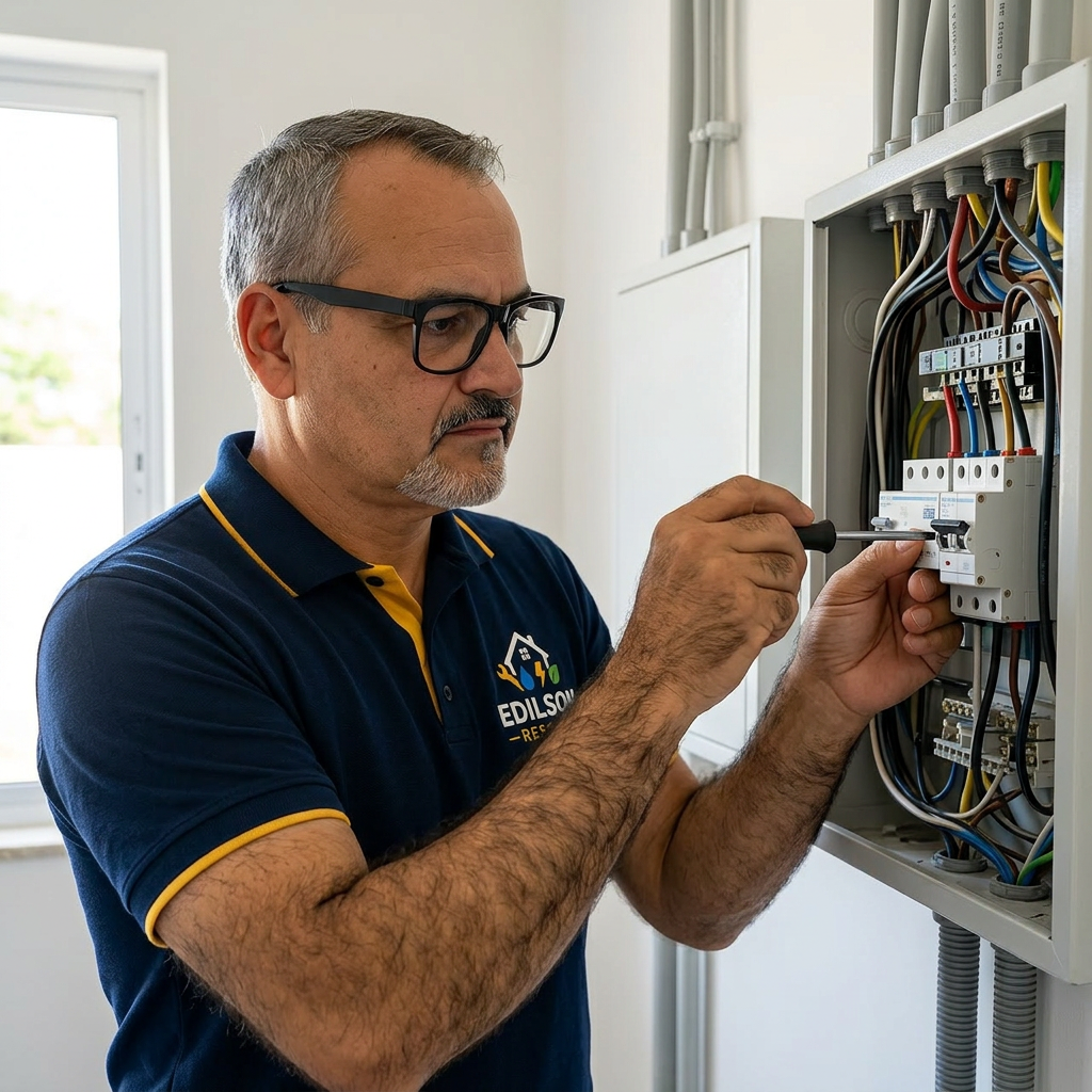 Edilson instalando disjuntor em quadro elétrico