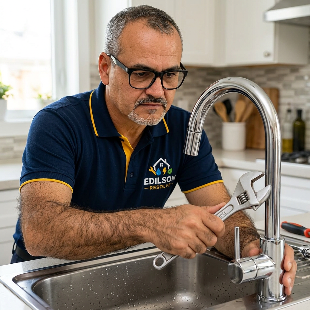 Edilson consertando torneira de cozinha