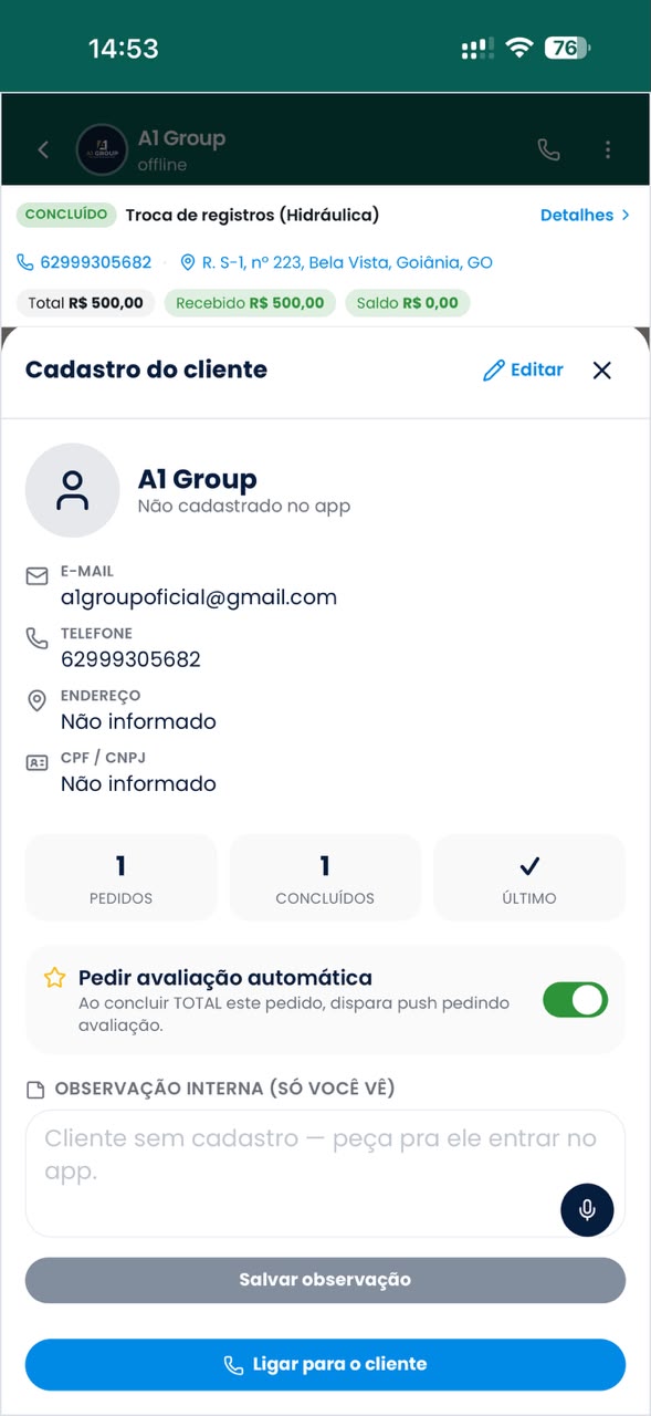 Ficha do cliente no painel